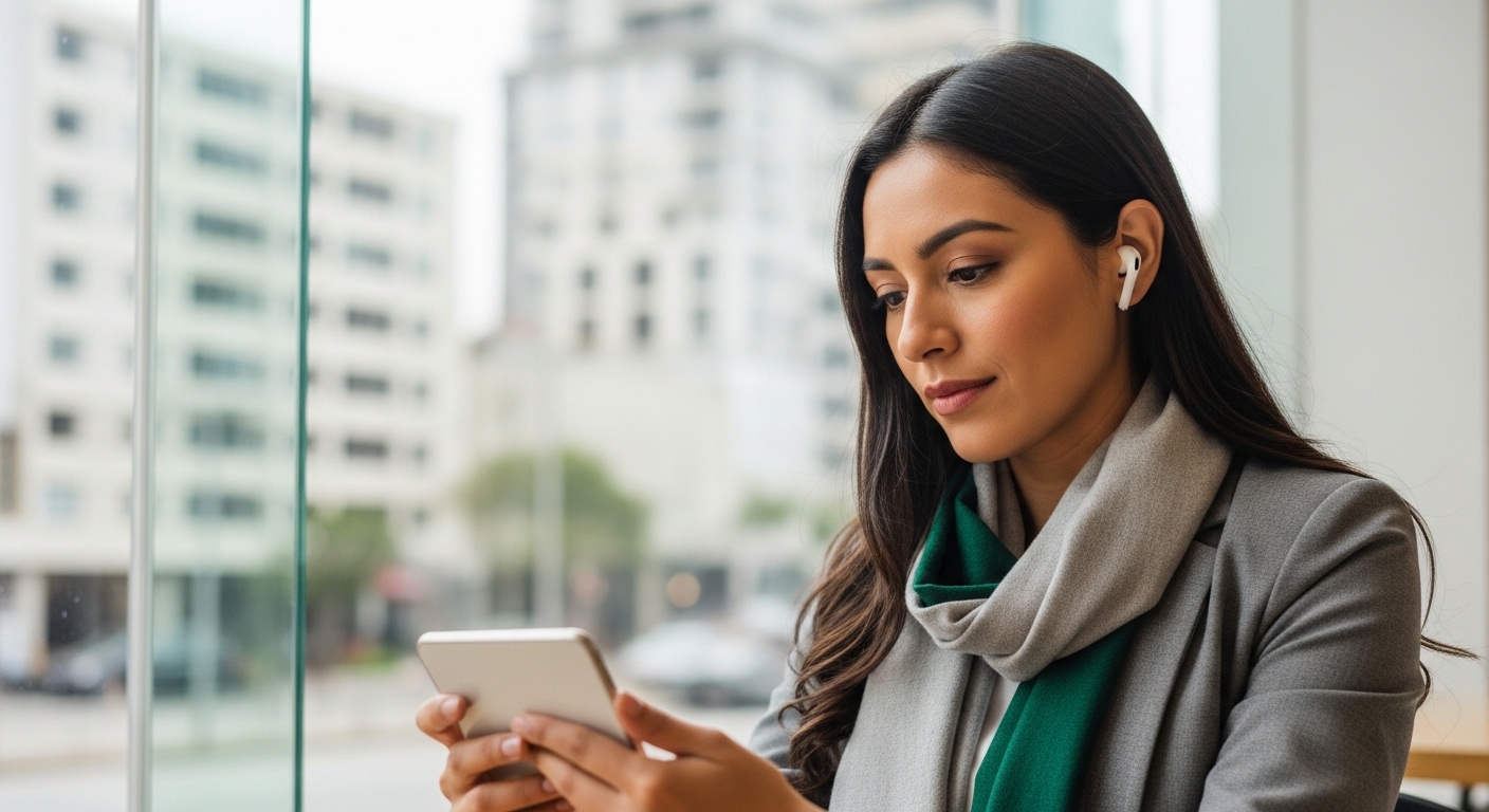 Mujer estudiando en cafetería con móvil